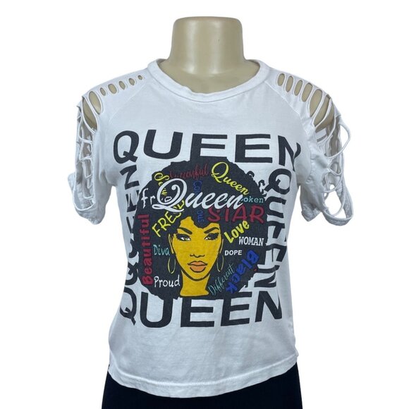 ON FIRE Women Multicolored QUEEN Graphic Cropped Open Sleeve T-Shirt  shirt Sz M - Picture 1 of 8